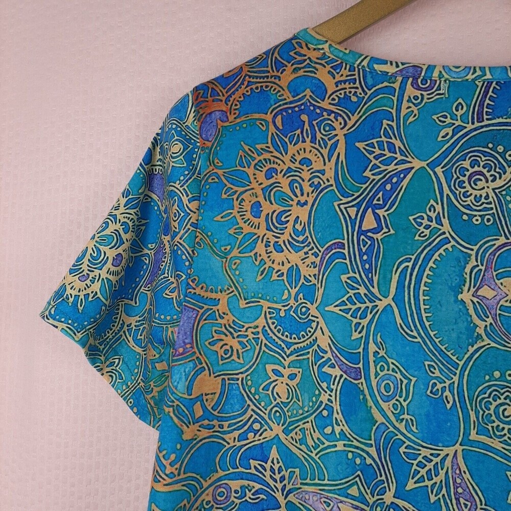 Misslook Women T Shirt Blue Floral Top Zip V Neck Short Sleeve Cotton Blend Sz S - Picture 12 of 12